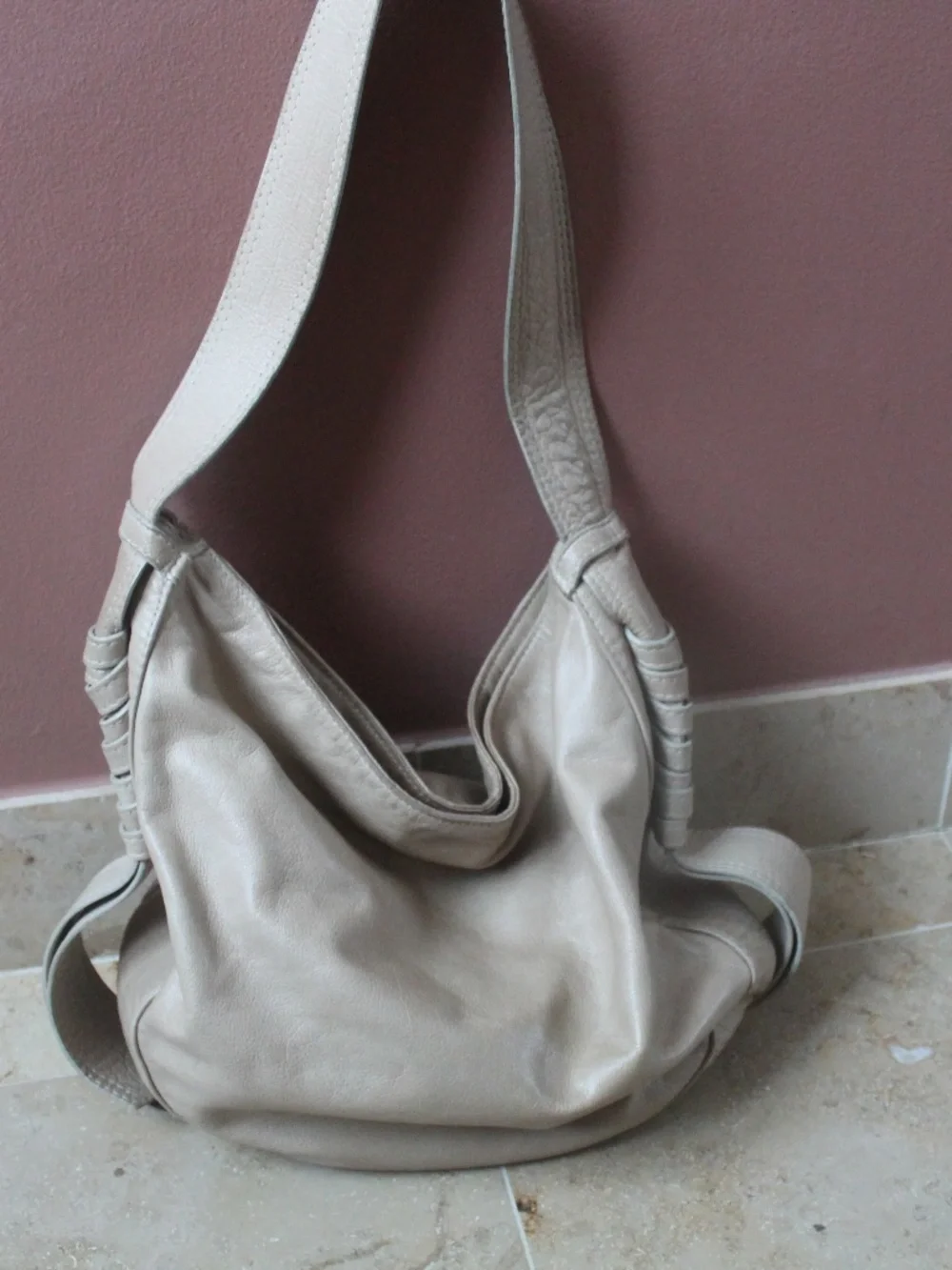 M. Clifford Tan Beige Hobo Bag Vintage Tassels Red Suede lining